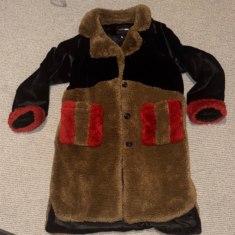 Faux Fur Coat with Red and Brown Accents Size Small